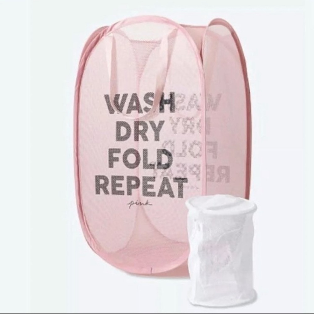 Pink mesh laundry basket and intimate bag